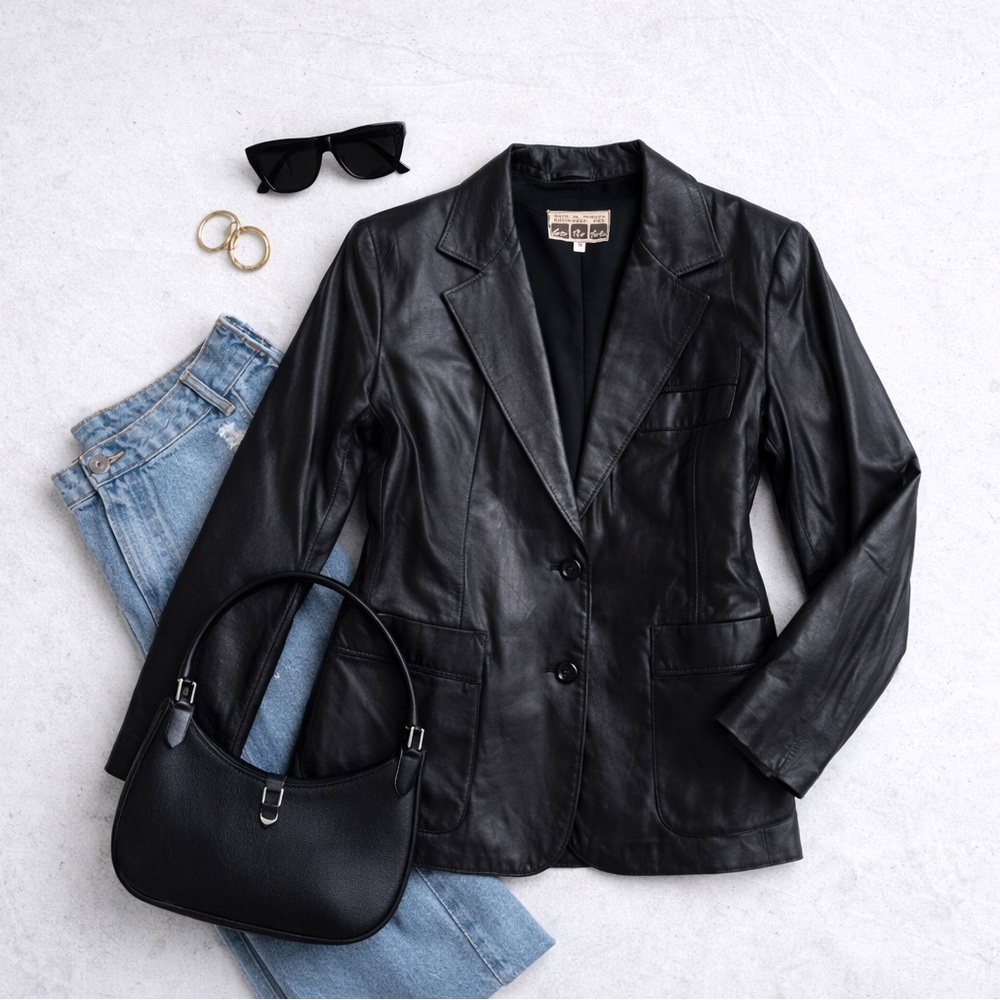 Vintage 90s Black Leather Blazer Minimalist Tailored Jacket M Carson Pirie Scott - Picture 9 of 12